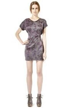 Rebecca Taylor 100% Silk Dress, Leather Trim, Mini, Side Ruching, Purple, Sz S